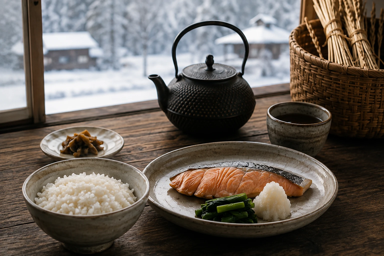 デモストアで使用している、雪景色と食卓のイメージ写真