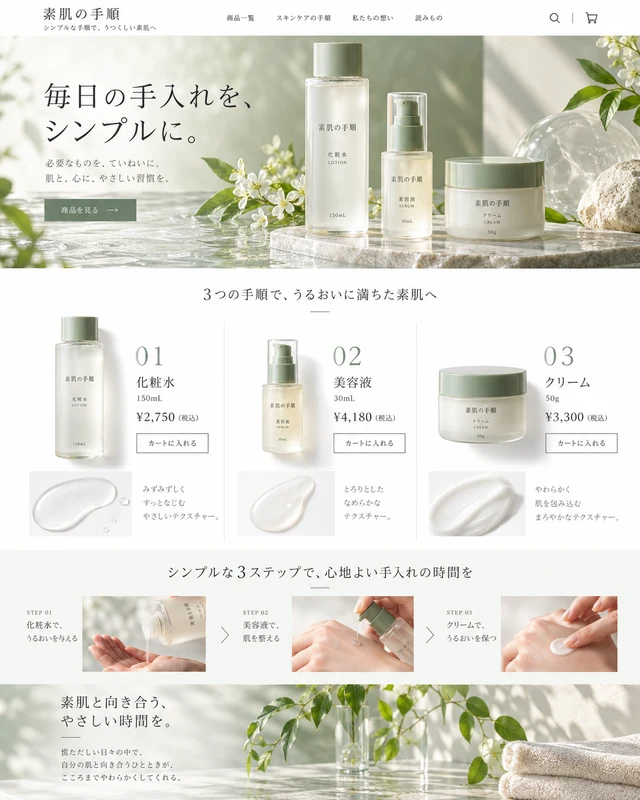 素肌の手順：使う順番とテクスチャーから、毎日の手入れを選ぶ構成。