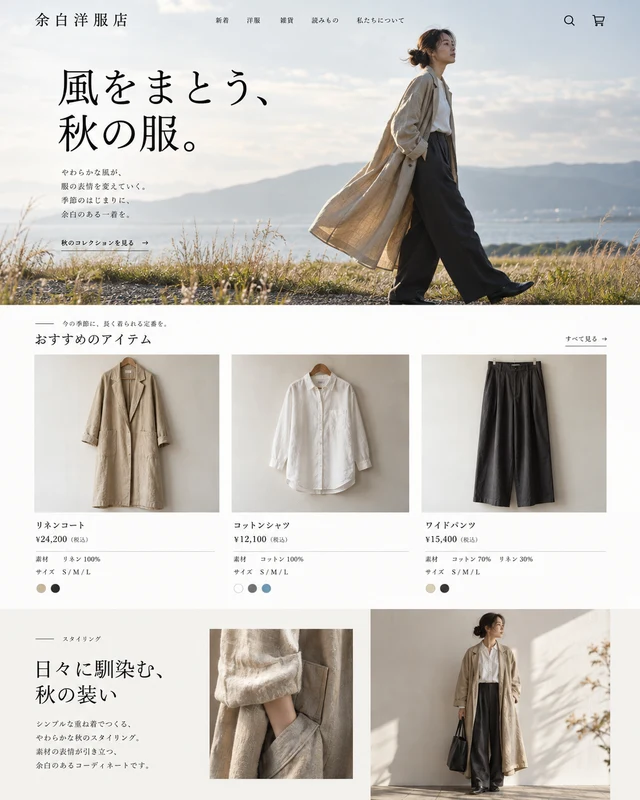 余白洋服店：着用写真と商品一覧で、着こなしを思い描ける構成。