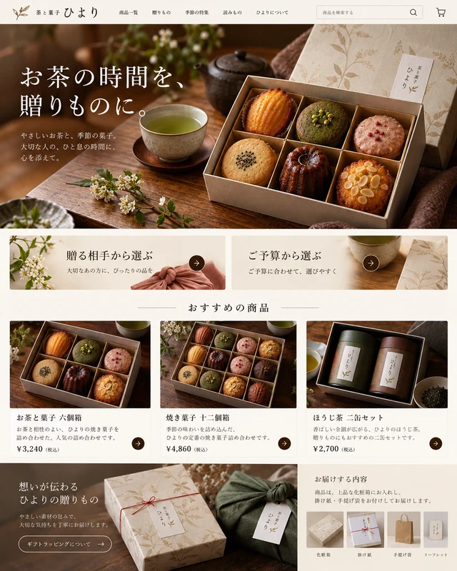 茶と菓子 ひより：用途や予算から入り、箱の中身を確かめて選ぶ構成。