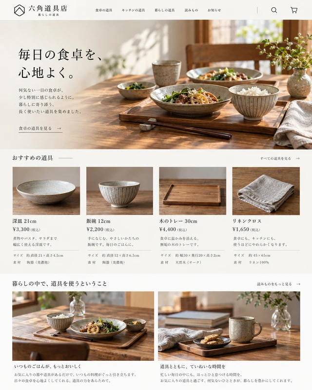 六角道具店：食卓の写真から、寸法と素材で道具を選ぶ構成。