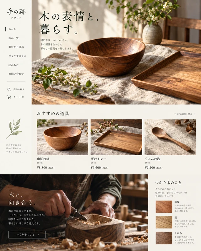 手の跡：木目や形の違いから作品を選び、つくり手を知る構成。