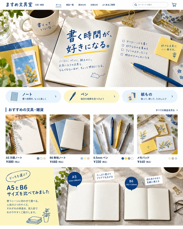 ますめ文具室：色や形を楽しみながら、判型と使い方を比べる構成。