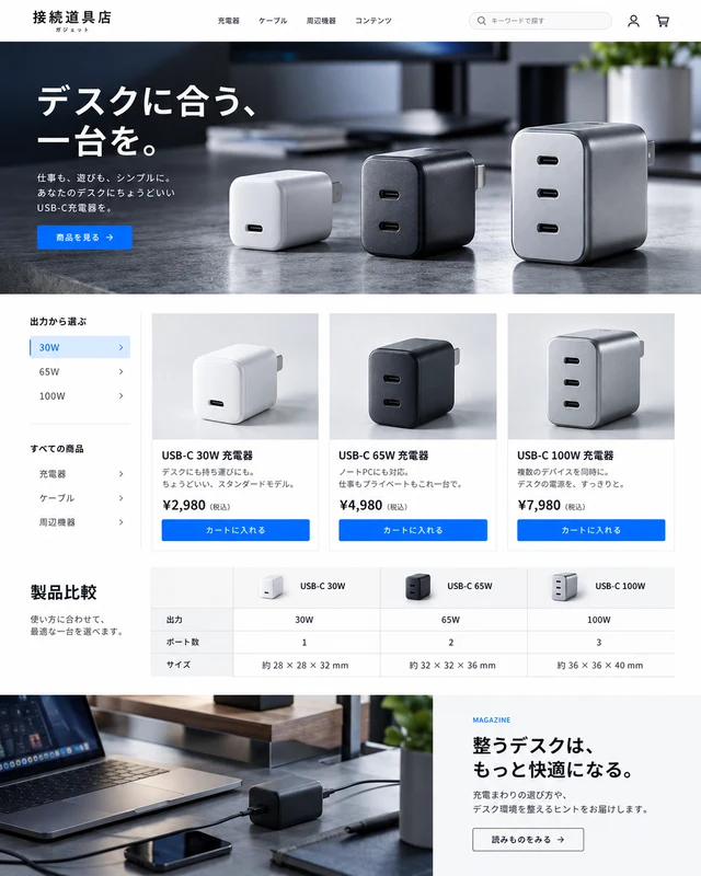 接続道具店：出力やポート数を比較し、用途に合う一台を選ぶ構成。